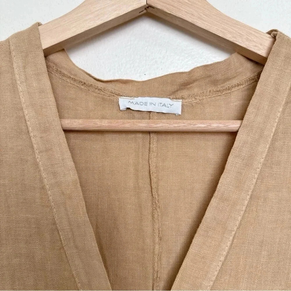 Made  In Italy Womens Medium Linen Vneck Button Tan Romper - Picture 9 of 13